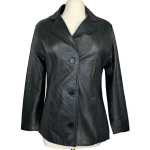 EDARLY Black Leather Button Up Collared Classic Jacket Women's Medium Vintage